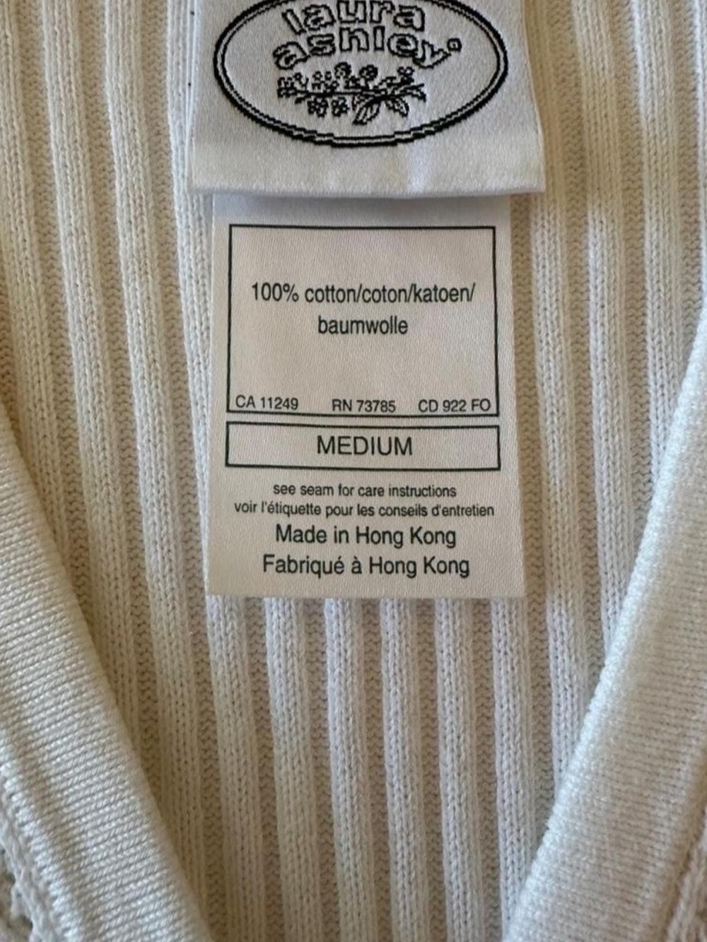Laura Ashley 100% Cotton Ribbed Short Sleeve Cardigan Top Ivory Minimalist 90s M - Picture 5 of 7